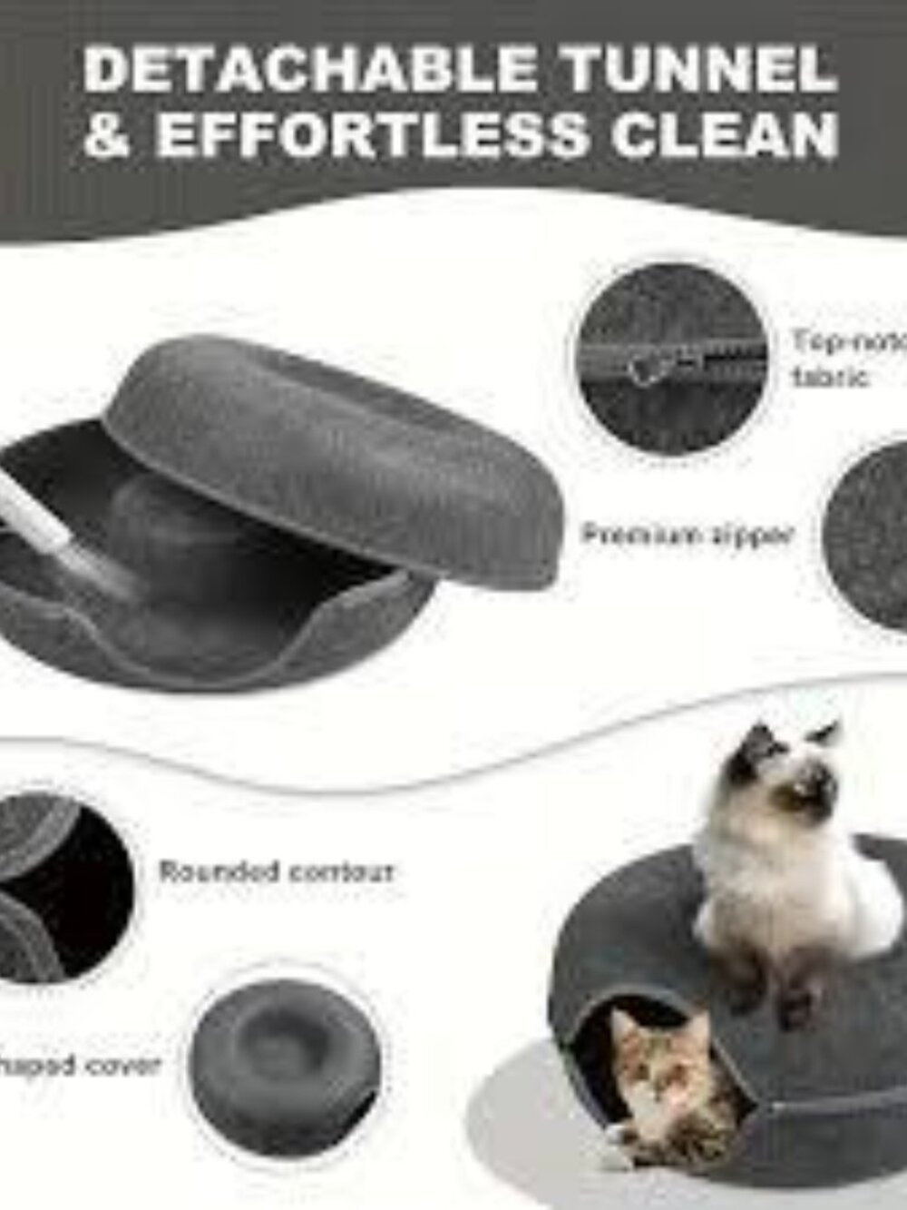 Cat Cave Bed Foldable Pet Tunnel with Toy Dark Grey Large Scratch Resistant - Picture 10 of 10